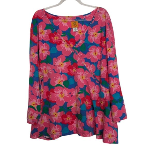 Ruby Rd Floral Shirt Womens Size 3X Blue Pink Cotton Stretch V Neck Long Sleeve - Picture 1 of 10